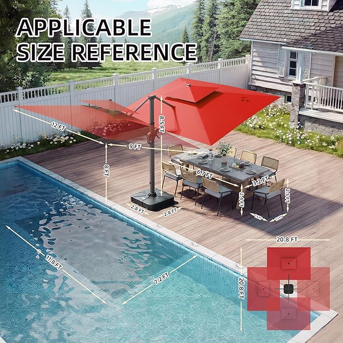 9 X 12 FT Cantilever Patio Umbrella with Led Lights and Base Included Heavy Duty Outdoor Double Top Large Rectangle Offset Umbrellas with 360-degree Rotation for Garden Pool Deck Backyard, Red