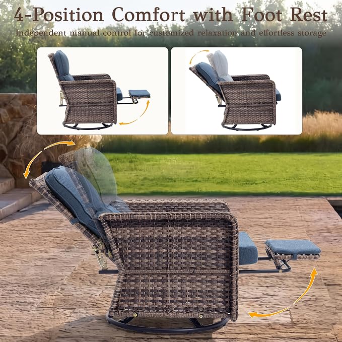Brafab 7-Seat Piece Wicker Patio Furniture Set with 44" Propane Fire Pit Table, Outdoor Swivel Recliner Chairs with Adjustable Backrest & Footrest for Patio Conversation and Backyard Gathering, Blue