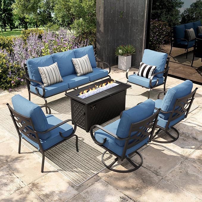 Sophia & William Patio Conversation Set for 7, 3-Seater Sofa, 2 Fixed Chairs, 2 Swivel Chairs and a 45" Fire Pit Table, Metal Outdoor Furniture with 5.75" Extra Thick Cushions, Navy