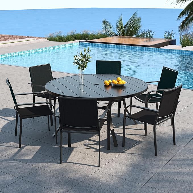 Anmutig 7 Piece Patio Table and Chairs Set, Outdoor Dining Set with 54 inch Round Table, 6 Stackable Black Chairs