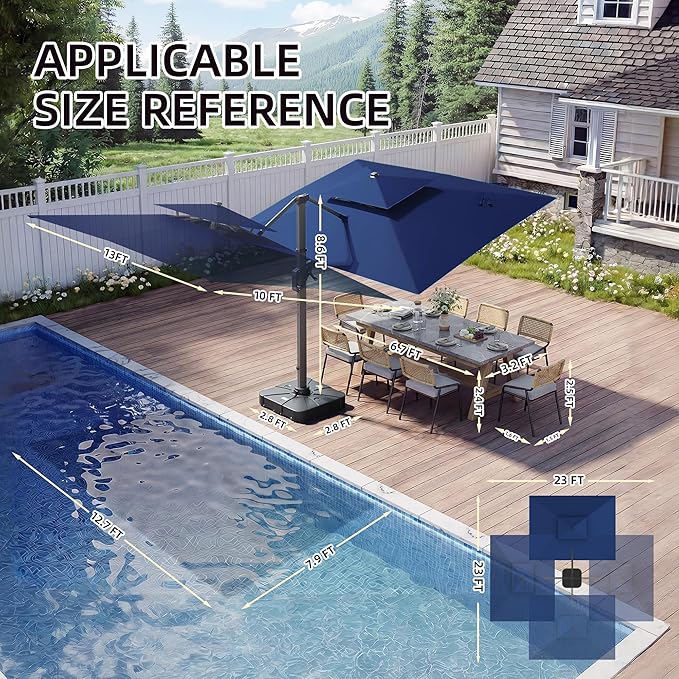 10 X 13 FT Cantilever Patio Umbrella with Led Lights and Base Included Heavy Duty Outdoor Double Top Large Rectangle Offset Umbrellas with 360-degree Rotation for Garden Pool Deck Backyard, Navy