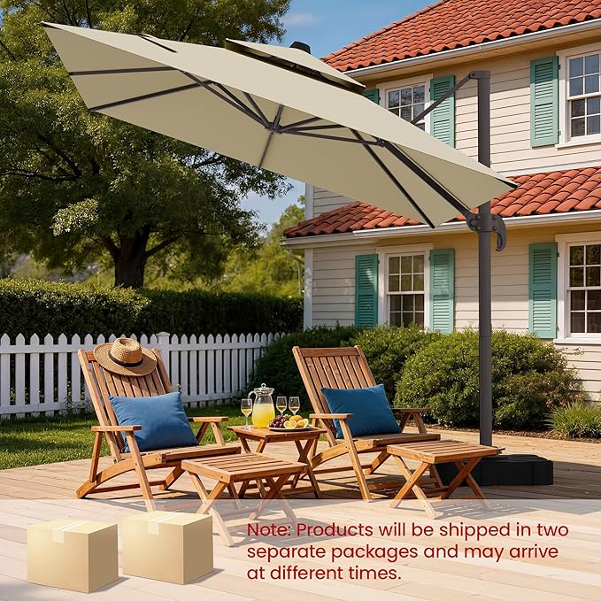 HASLE OUTFITTERS 9x12 FT Patio Cantilever Umbrella with Base, Outdoor Offset Large Rectangular Heavy Duty Double Top Umbrellas with 360° Rotation for Pool Garden Deck，Beige