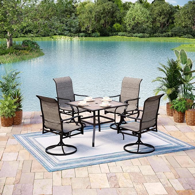 MIXPATIO Outdoor Patio Square Dining Table, 37"x 37" Wood-Like Tabletop with Adjustable Umbrella Hole and Faux Wood Tabletop, All Weather Wrought Iron Black Outdoor Table for Deck Lawn Backyard