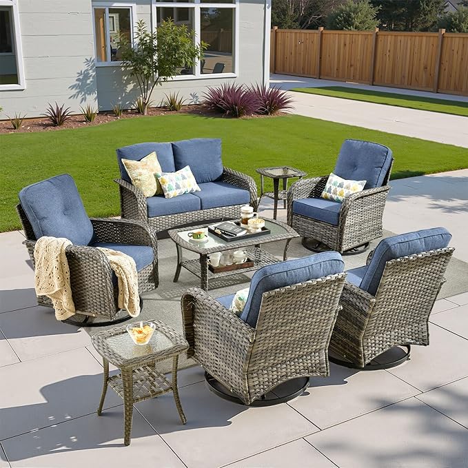 8 Pieces Patio Conversation Sets,Patio Furniture Set with Swivel Rocking Chairs,Coffee Table, Side Table, All Weather Rattan Wicker Outdoor Sectional Furniture Set for Porch Balcony Backyard Blue
