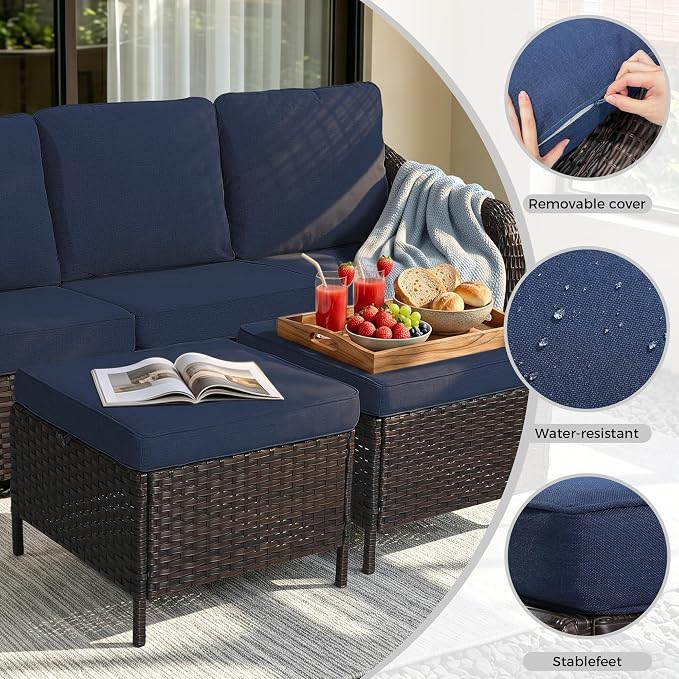 5 Piece Patio Wicker Conversation Set, All-Weather Use Outdoor Wicker Sofa with 2 PE Rattan Ottomans,2 Swivel Chair, Ideal for Porch, Backyard, Balcony, Poolside, Blue