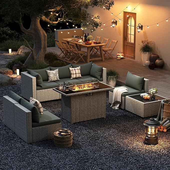 UDPATIO Patio Furniture Set with Fire Pit Table, 8 Pieces Outdoor Sectional Sofa, PE Wicker Patio Conversation Set for Garden, Backyard Green