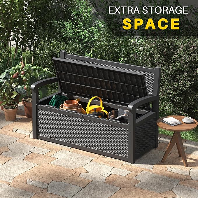 80 Gallon Outdoor Storage Box, Deck Box with Waterproof and UV Resistant, Resin Patio Furniture with Lockable for Garden Tools and Pool Supplies, Black