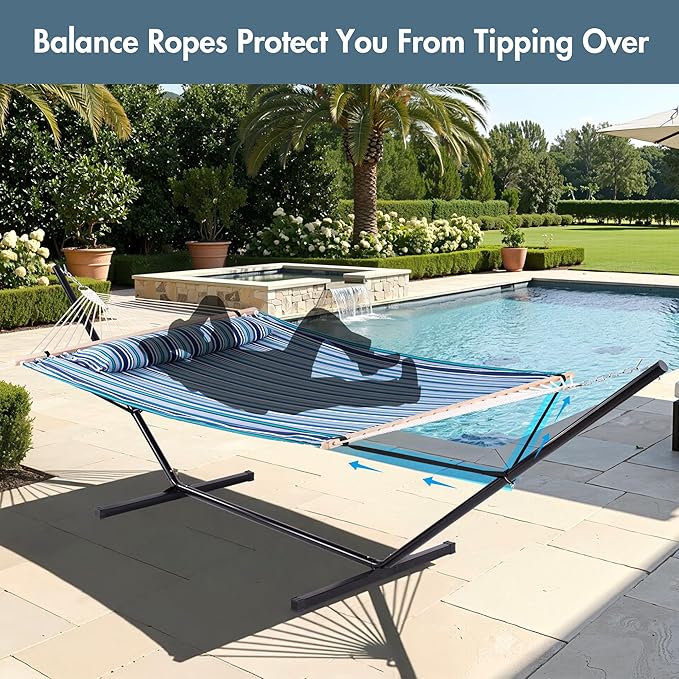 ANOW Double Hammock with Stand 12FT, Heavy Duty Hammock with Stand for Outdoors, 450 LBS Weight Capacity, Blue Stripes