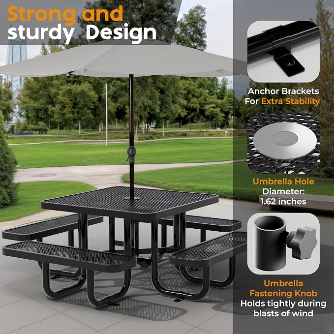 Square Metal Picnic Tables for Kids for Outdoors with Umbrella Hole, Adjustable Seats for School, Park, Playground (Black, 38 in, Kids, Square)