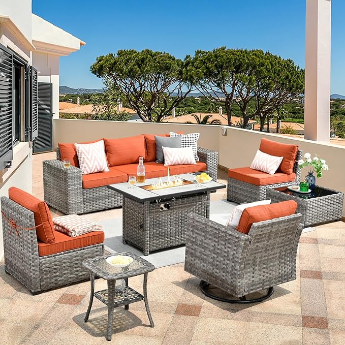 HOOOWOOO Outdoor Patio Sectional Furniture Sofa Set with Large Fire Pit Table,9 Piece Modern Wicker Couch with Swivel Chair,Modular Conversation Seating Set with Widened Armrest(Orange Red)