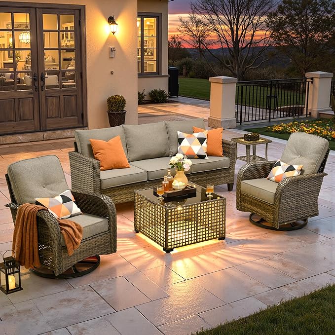 ovios 5 Pieces Patio Furniture Set, Outdoor Wicker Sofa Couch with Rocking Swivel Chairs Solar Lights Table, Modern Deep Seat Rattan Conversation Sets for Deck Porch, Dark Grey