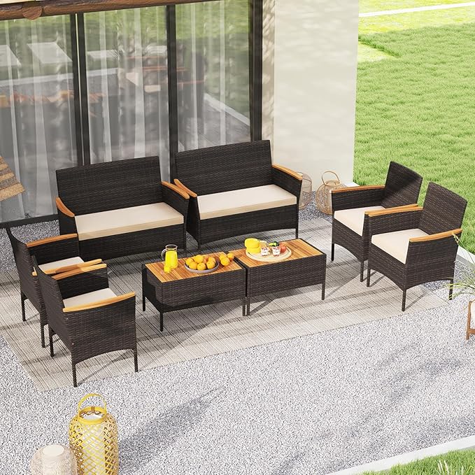 Tangkula 8 Pieces Patio Wicker Sofa Set, 2 Rattan Chairs & Loveseat w/Coffee Table, Acacia Wood Armrests & Tabletop, Outdoor Cushioned Conversation Set for Backyard, Poolside (2)