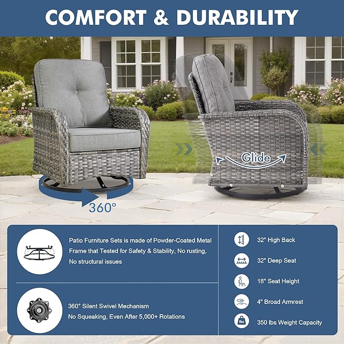 Outdoor Swivel Rocker Patio Chairs, 3 Piece Patio Furniture Set with Glider Chairs and Wicker Coffee Table, All Weather Rattan Chair Set for Porch Deck Yard Balcony, Dark Gray