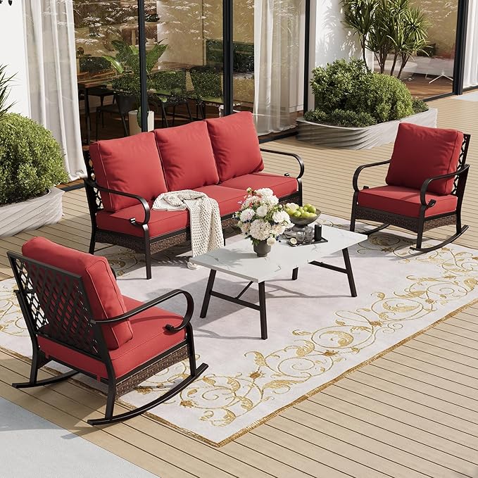 4 PCS Metal Outdoor Patio Furniture Set, Patio Conversation Sets 3-Seater Sofa, 2 Rocking Chairs with 5.75" Extra Thick Cushion & Coffee Table, Black Frame Backyard Furniture, Rust Red