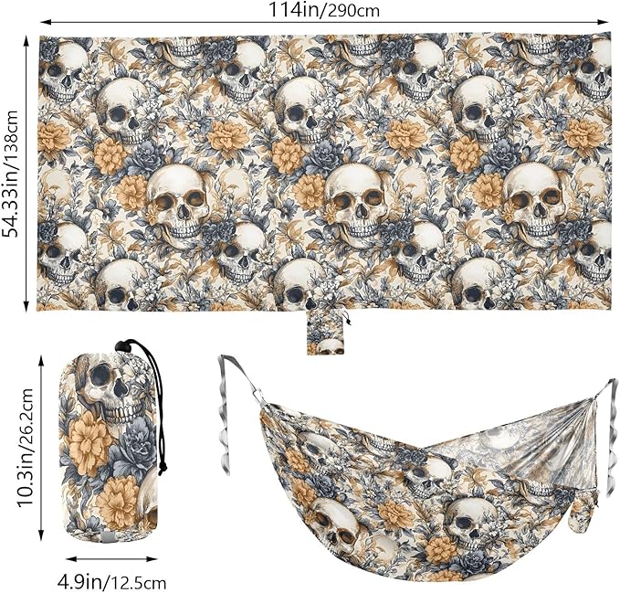 Camping Hammock Outdoor Hammocks for Outside Skulls Floral Vintage Beach Trees Portable Lightweight with Pockets Tree Straps Indoor Small