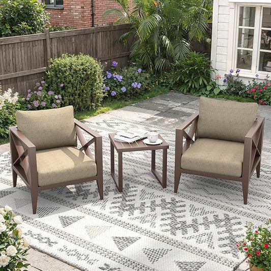 Aluminum Patio Furniture Set, 3 Pieces Conversation Set with 5.2 Inch Cushions and Coffee Table, Outdoor Patio Sectional Sofa for Garden (Brown)