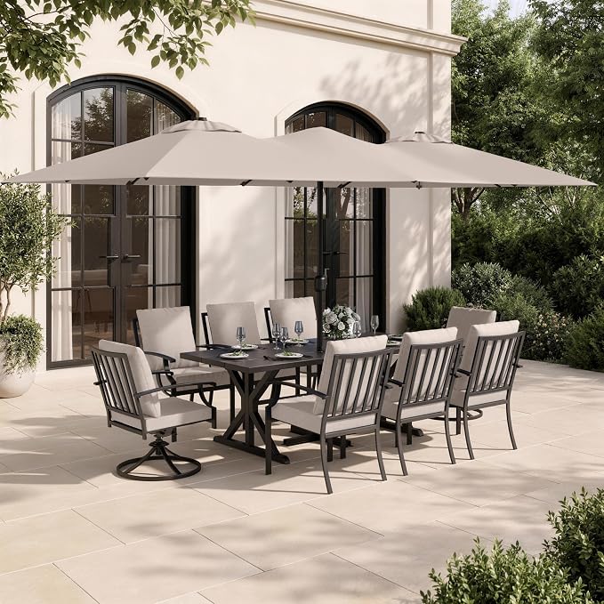 10 Piece Outdoor Dining Set for 8, Patio Table and Chairs Set with Umbrella & Cushions, Patio Furniture Set with 2 Swivel Chairs, Metal Dining Table with Umbrella Hole for Lawn Garden Yard-Sand