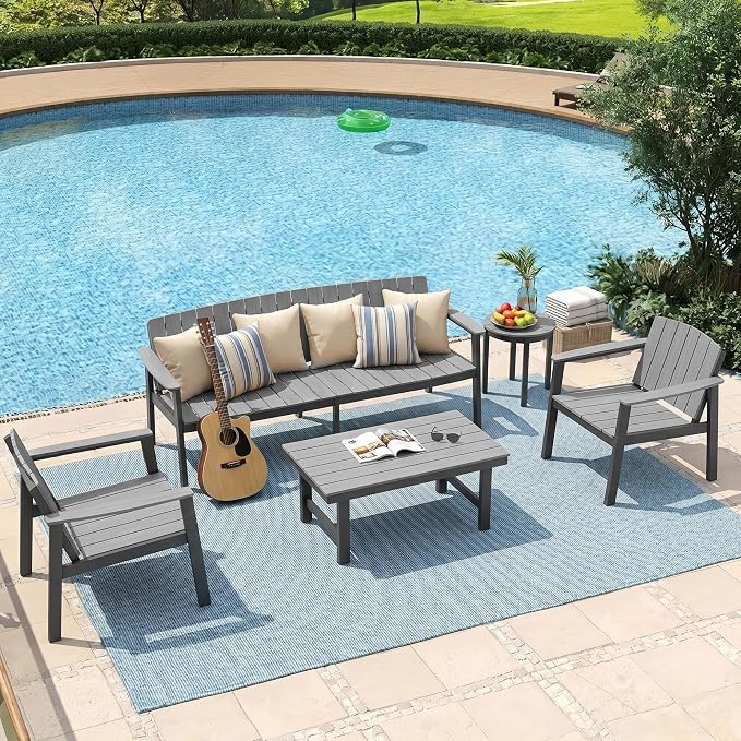 Aluminum Patio Furniture Set, Outdoor Furniture Set 4 Pieces Aluminum Frame HDPS Faux Wood, All Weather Conversation Set for Backyard, Garden, Poolside Grey