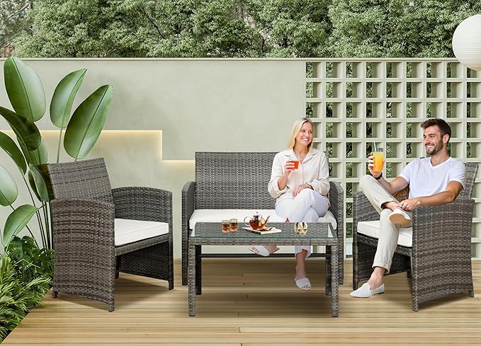 SUNLEI 4 Piece Outdoor Patio Furniture Set, Rattan Chair Wicker Conversation Set, Backyard Porch Garden Poolside Gray Rattan Sofa Chair with Cushion for Outdoor Indoor Use (White)