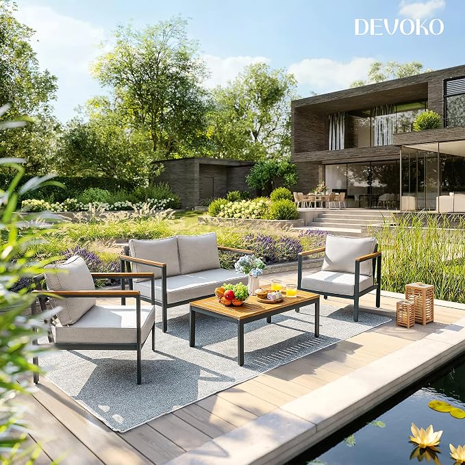 Devoko 4 Pieces Patio Furniture Sets Outdoor Conversation Set Acacia Wood Sofa Set with Coffee Table Thicker Sponge Cushion