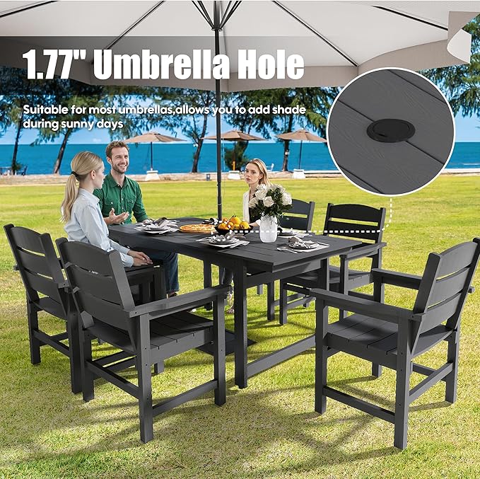 7 Piece Patio Dining Set,Patio Furniture Set for 6,Outdoor Table and Chairs with Umbrella Hole,All-Weather 67” Rectangular Dining Table with Non-Slip Mat for Garden,Poolside,Backyard,Black