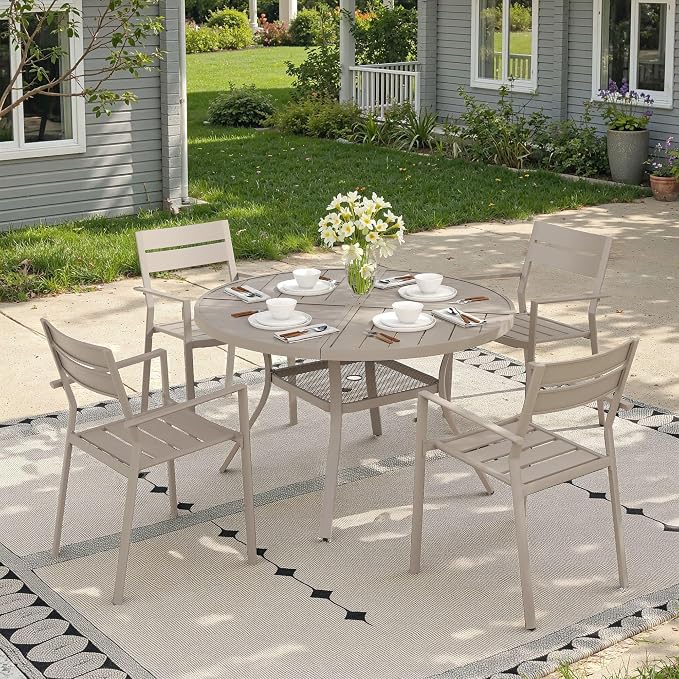 Patio Dining Set for 4, Round 40.7" Patio Dining Table and Stackable Outdoor Dining Chairs Outdoor Furniture for Backyard Porch Deck, Spliced Sandshell Table and Sandshell Chairs