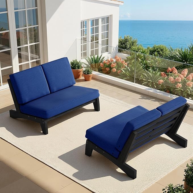 UIXE All Weather Patio Furniture Sets, 3 Pieces Black Wood Patio Loveseat Sofa Outdoor Sectional Futniture Backyard Conversation Set with Solid Wooden Coffee Table - Navy Blue