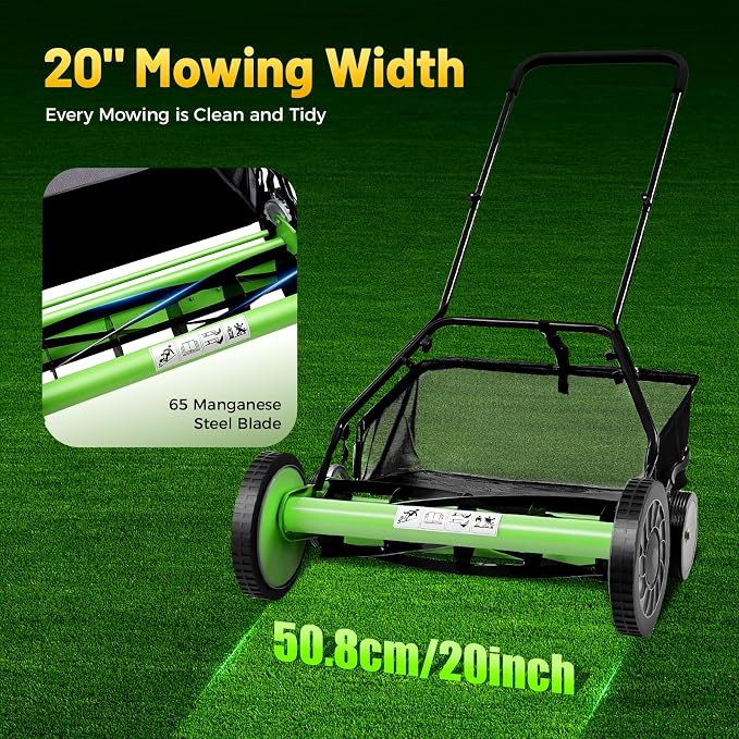 Manual Reel Mower 20 Inch, 5-Blade Push Lawn Mower with 9-Position Adjustable Cutting Height 1.33-2.51in, Quiet Eco-Friendly Hand Push Mower with Grass Catcher for Small to Medium Yards, Green