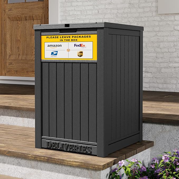 Package Delivery Box for Outside With Sign, Lockable Outdoor Storage Box Waterproof Deck Box, Large Double Wall Resin Parcel Drop Boxes, 48 Gallon, Classic Black
