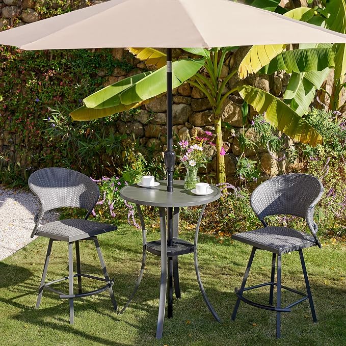VICLLAX Outdoor Bar Table, 28" Wide Round Patio Bar-Height Table Weather Resistant Metal Slatted Tabletop with Umbrella Hole for Front Porch Deck, Backyard, Dark Grey