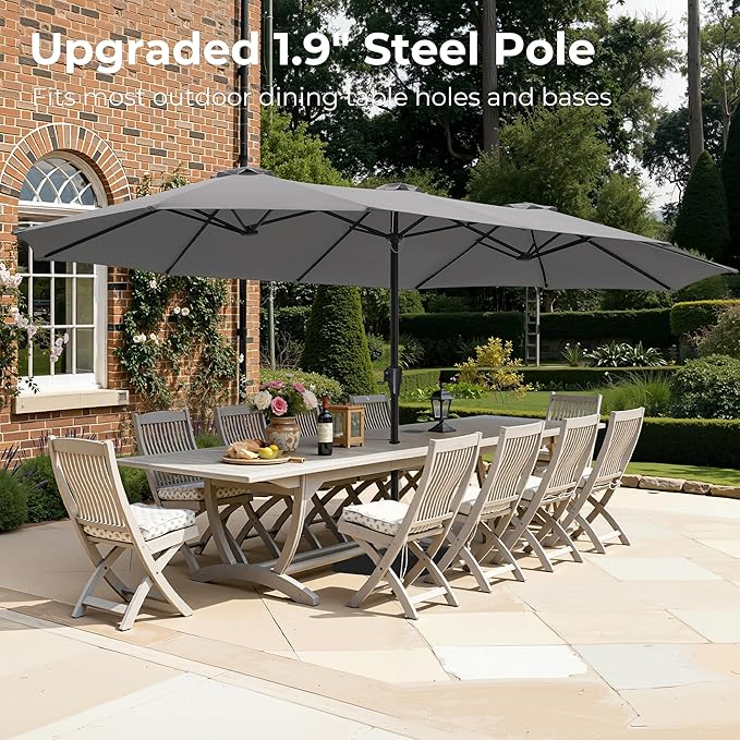 SUPERJARE 15FT Outdoor Patio Umbrella with Base Included, Double Sided Pool Umbrellas with Fade Resistant Canopy, Extra-Large Table Umbrella for Deck, Market, Backyard, Gray