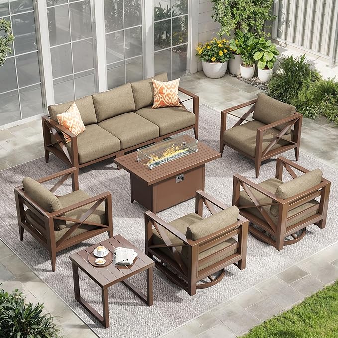 Aluminum Patio Furniture Set with Oversized Fire Pit Table, 9-Piece All-Weather Outdoor Conversation Set with Swivel Rocking Chairs, Oversized Modern Sofa for Backyard, Deck, Balcony-Brown