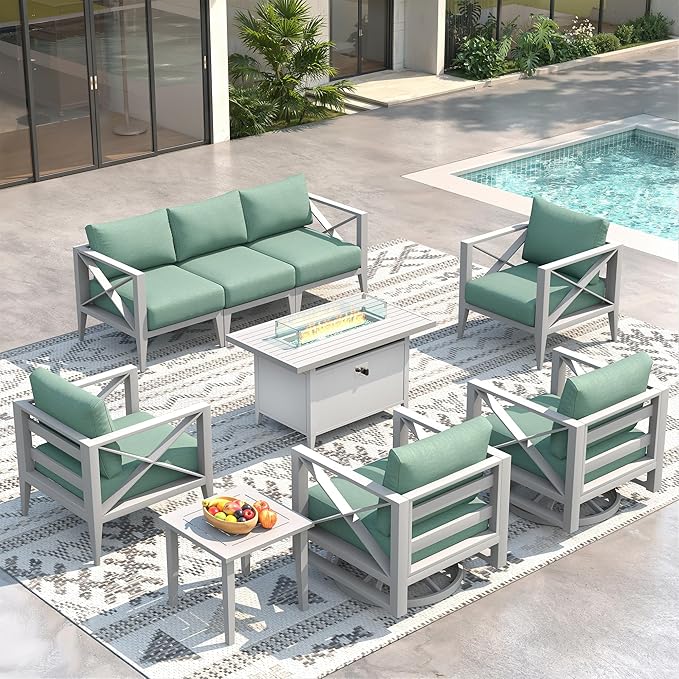 Aluminum 7-Seats Outdoor Patio Furniture Set with 43" Fire Pit Table, Sectional Conversation Sofa with 5.2" Thick Cushions & Swivel Rocking Chairs, Rust-Resistant Frame Sofa for Backyard, White