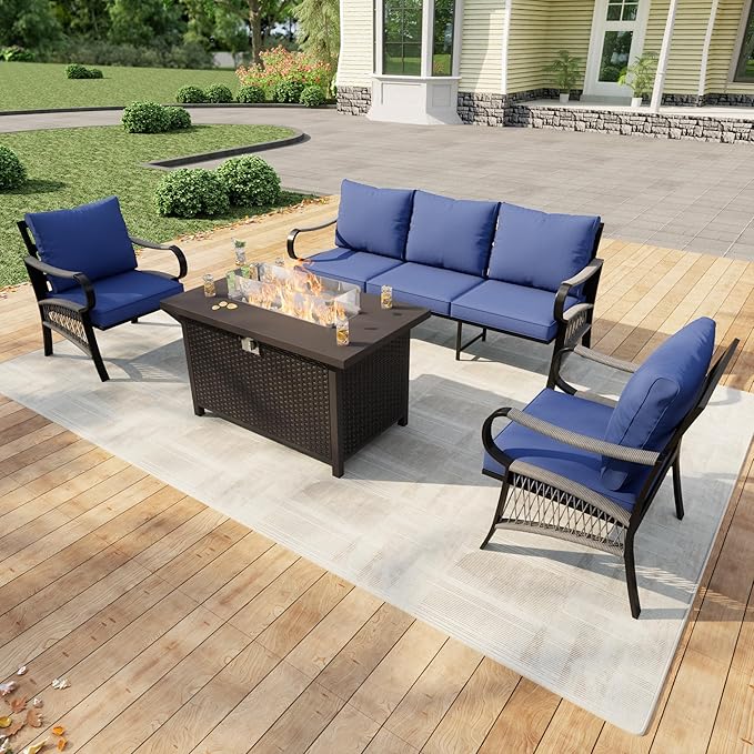4 Pieces Patio Furniture Set, Metal Outdoor Conversation Sets with Fire Pit Table for Backyard Garden Deck Porch Poolside (Thick Blue Cushions)