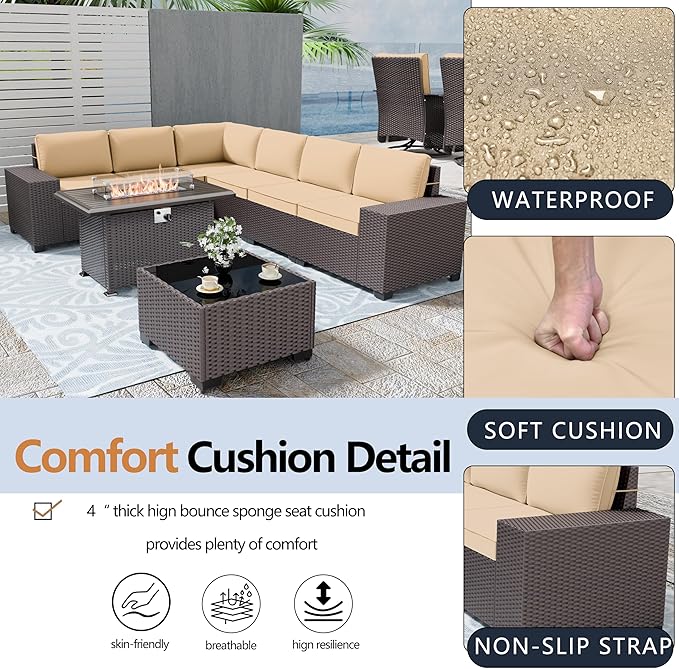 Patio Set Sofa High Back 7 Pieces Wicker Sectional Sofa with 55,000 BTU Gas Fireplace Table, Rattan Outdoor Furniture Set with Thicken Cushion and Coffee Table, Sand