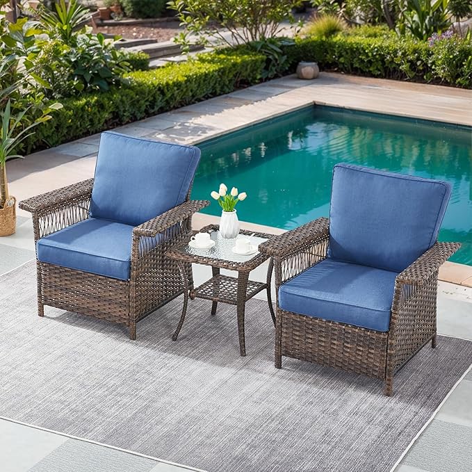 Patio Furniture Set 2 Wicker Patio Chairs with PE Rattan Side Table Set Brown Wicker Blue Cushions Patio Conversation Set 3pcs for Garden Balcony Sunroom Backyard Deck Porch