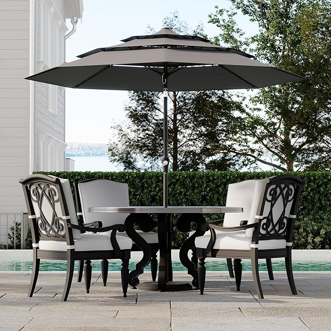 GarveeTech Patio Umbrella, 3-Tier Vented Canopy with Hand Crank, Push-Button Tilt Outdoor Umbrella, Alloy Rib Frame for Pool, Backyard and Deck, 9FT Grey