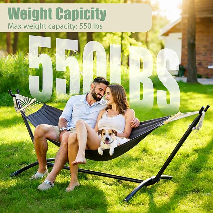 Free Standing Hammock with Stand, 550lbs Capacity - Anti-Flip Curved Spreader Bars - Premium Cotton Portable Hammock for Deck, Porch, Garden - Easy Assembly with Carrying Bag, Heather Gray
