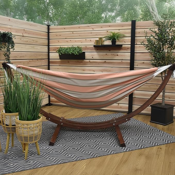 Vivere Double Cotton Hammock with Solid Pine Arc Stand - 450 lb Capacity, Durable FSC Wood Frame, Includes Hardware & User Guide - 450 lb Weight Capacity (Cameo)