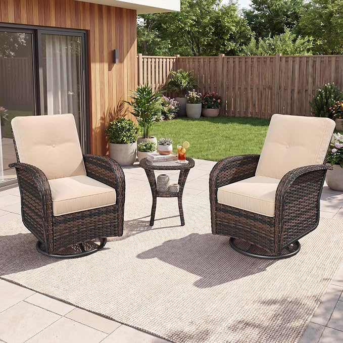Aoxun 3 Piece Outdoor Patio Furniture Set with Side Table, Outdoor Patio Furniture Sets with High Back Swivel Rocker Chairs, Outdoor Sofa Set with Ottoman for Backyard & Garden, Beige