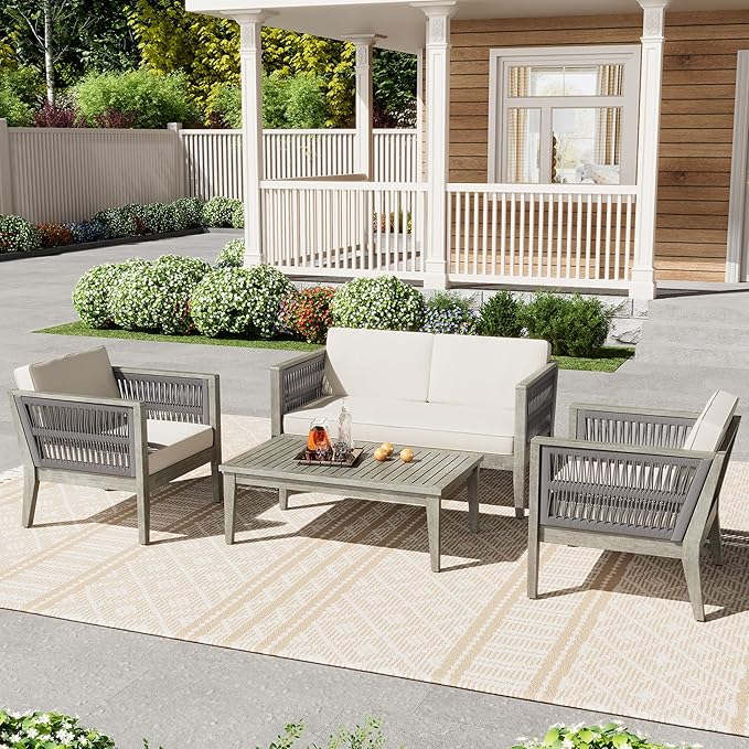 Merax 4-Piece Outdoor Acacia Wood Patio Furniture Conversation Set with Braided Rope,Sofa Couch with Coffee Table,for Backyard