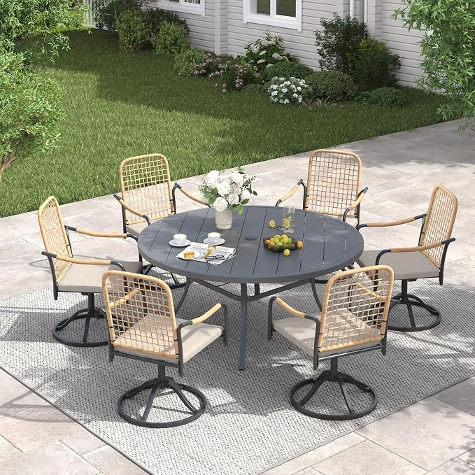 VICLLAX 53" Outdoor Round Patio Table for Lawn Garden, All Weather Metal Round Patio Dining Table with Adjustable Umbrella Hole, Patio Table for 8 Person, Grey