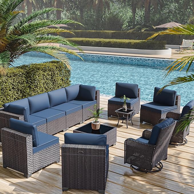 12 Pieces Outdoor Patio Furniture Set,Outdoor Sectional Furniture All Weather PE Rattan Wicker Patio Conversation Set with Coffee Table,Swivel Rocking Chairs Set,Navy Blue
