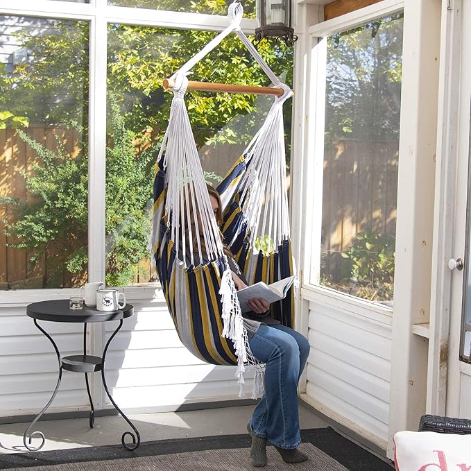 Vivere Cotton Hammock Chair with Hardwood Spreader Bar - 250 lb Capacity (Serenity)