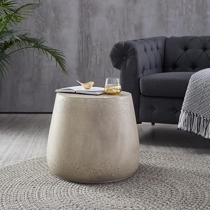 19" Small Concrete Side Table, Round End Table, MGO Coffee Table for Living Room for Apartment, Home Office, Light Grey