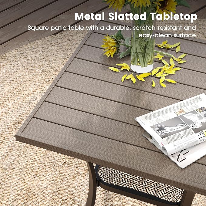 DIFY 3-Piece Outdoor Patio Bistro Dining Set, Grey Wood-Like Small Square Dining Table & 2 Grey Stackable Metal Chairs with Breathable Fabric, Outdoor Furniture Set for Balcony, Porch, and Deck