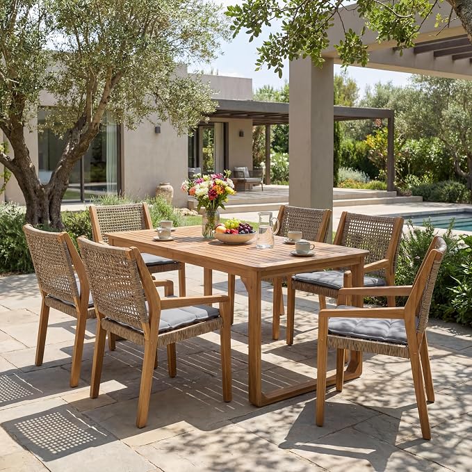 Christopher Knight Home Samma Acacia Wood Outdoor Dining Set for 6, Patio Dining Table Set for 6, Outdoor Dining Table and Sled Base, Dining Chairs with Cushion + Wicker Backrest, Teak+Brown+Grey
