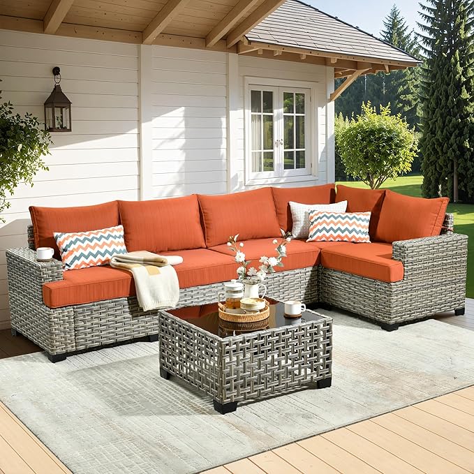 WEAXTY 6 Pieces Patio Furniture Set, Outdoor Sectional Sofa Couch with Solar Coffee Table, All-Weather Outside Furniture Patio Conversation Sets for Backyard Porch Balcony (Orange)