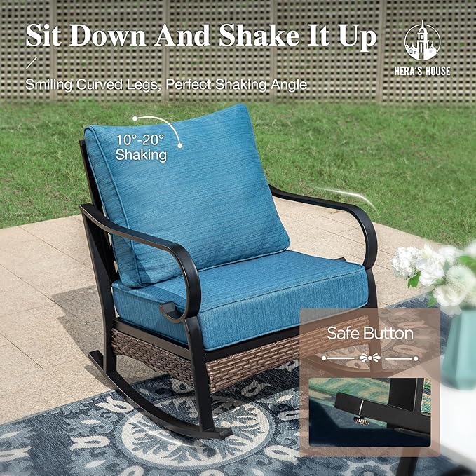 HERA'S HOUSE 5 Piece Metal Patio Furniture Set, 7 Seats All Weather Outdoor Conversation Set, 3 Seat Sofa with Loveseat, 2 Rocking Chairs, Coffee Table for Backyard, Garden, Deck, Pacific Blue
