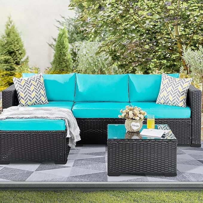 Shintenchi 3 Pcs Patio Furniture Set,Outdoor Sectional Black Wicker Patio Conversation Set,All-Weather Rattan Patio Couch with Washable Cushions and Glass Coffee Table